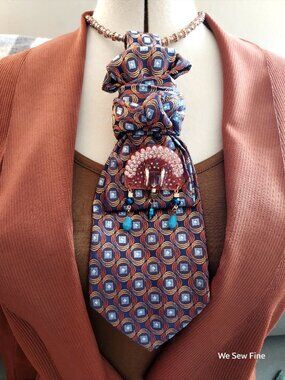 Statement Necktie Necklace with Handcrafted Brooch
